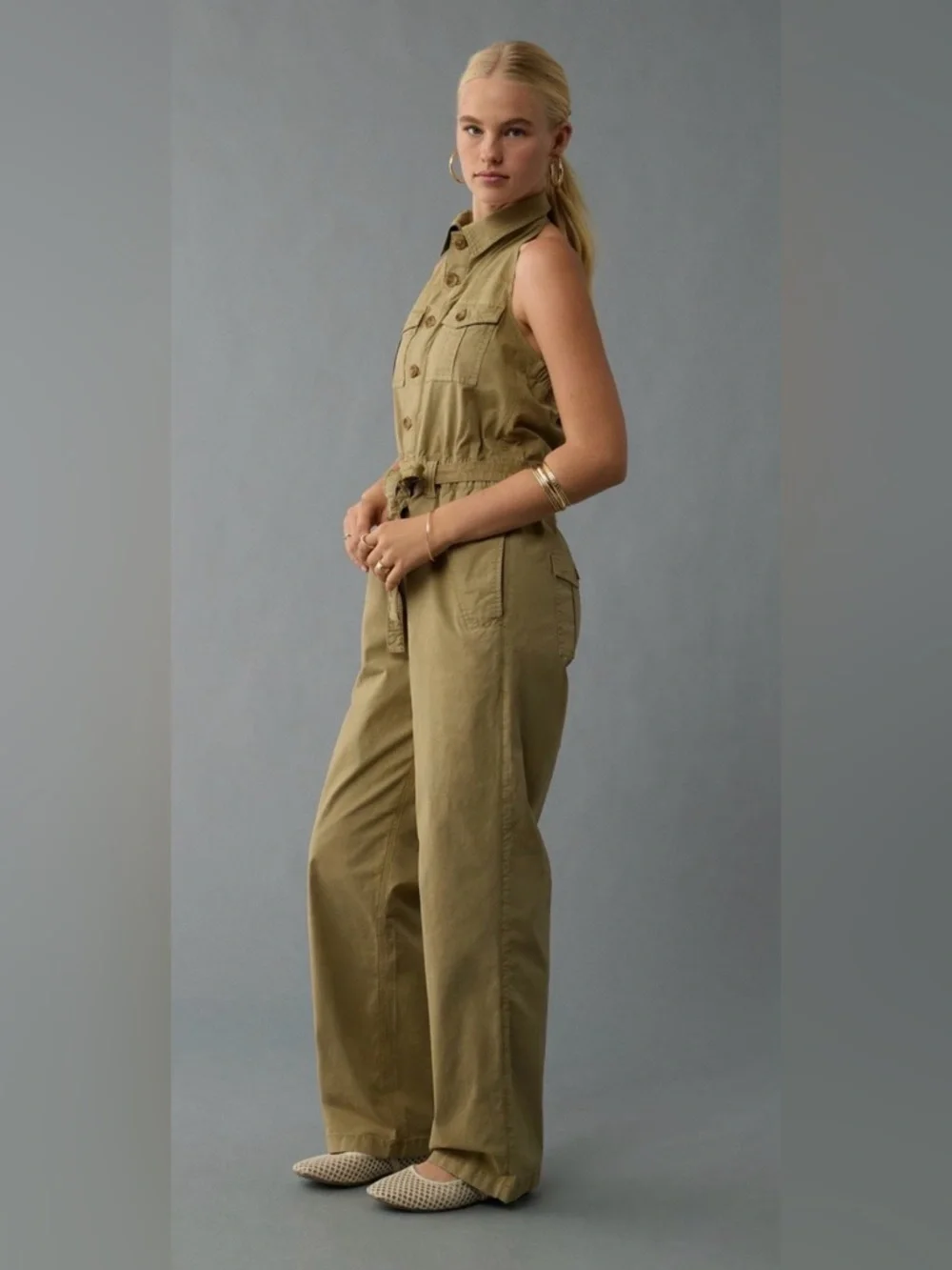 NWT American Eagle ($84.95) Collared Halter Jumpsuit in Olive XL - Picture 3 of 11